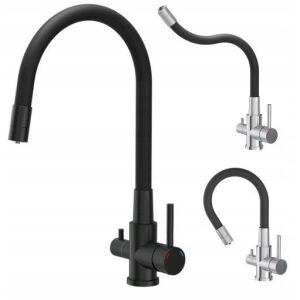 AGNES SteelQ háromutas acél konyhai csap, rugalmas öntőcsővel, tiszta szén