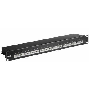 24-portos MicroConnect CAT6 keresztező panel 19", árnyékolt STP, fekete, belső csatlakozási technológia LSA szigetelő-kiszorító kapcsokhoz