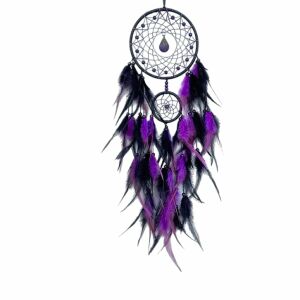 Álomfogó, álomcsapda, dekoratív, jó álmot őrző, indián, rossz álom ellen védő dekoráció, színes, toll, ásvány falidísz, lila és fekete szín, 16x70(55) cm #156 145430207 - Álomfogó