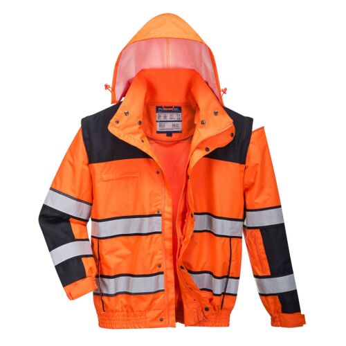 Portwest C466 Hi-Vis Classic Bomber dzseki - Narancssárga, jól látható munkadzseki levehető ujjakkal és kapucnival - Láthatósági ruházat