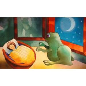 Pöttöm Panna diafilm, ilustrație cu o fată care doarme într-un pat, iar o broască se uită pe fereastră - Filme diapozitive