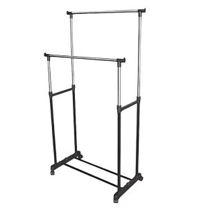 Macvi® Dupla ruhatartó állvány állítható magassággal, fémrúddal és forgó görgőkkel Mobil fogas szárításhoz és rendszerezéshez, ideális ruhák és cipők számára.