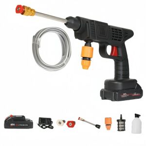 Elektromos magasnyomású mosópisztoly, 2 x 48V-os akkumulátor, 3 üzemmód, 30 bar, 30 bar, habtartály, szűrő és fúvókák tartozékként.