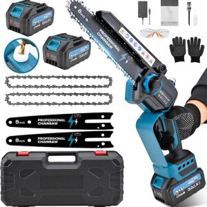 Macvi® modernizált mini 8 hüvelykes kefe nélküli láncfűrész 2 x 2600mAh akkumulátorral, kenőrendszerrel és automatikus beállítással