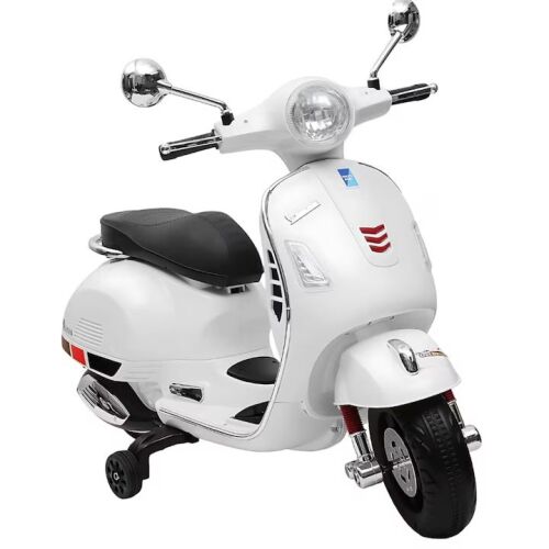 Macvi® elektromos roller 3-8 éves gyerekeknek, valósághű Vespa kivitelben, 2 újratölthető 6V-os akkumulátorral, funkcionális lámpákkal, segédkerékkel, audiorendszerrel és tükrökkel, 6 km/h-ig, fehér színben. 145574950
