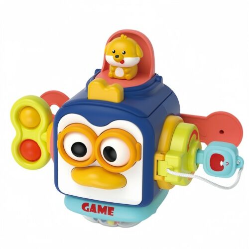 Interaktív 6 az 1-ben Macvi® kocka típusú játék, Montessori, többszínű, 17×13 cm, a motoros és kognitív képességek fejlesztésére, 1 éves kortól.