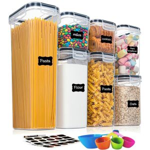 7 darabos Macvi® szervező/tartály készlet élelmiszerek tárolására, címkékkel, konyhai szervezők, légmentesen záródó fedéllel, BPA-mentes műanyagból.