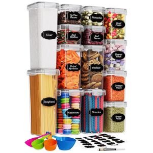 14 darabos Macvi® szervező/tartály készlet az élelmiszerek tárolásához, légmentesen záródó, minimalista kialakítású, BPA-mentes, tárolható, címkékkel és kanalakkal együtt.