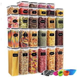 28 darabos Macvi® szervező/tartály készlet az élelmiszerek tárolásához, légmentesen záródó, minimalista kialakítású, BPA-mentes, tárolható, címkékkel és kanalakkal együtt.