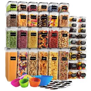 42 darabos Macvi® szervező/tartály készlet az élelmiszerek tárolásához, légmentesen záródó, minimalista kialakítású, BPA-mentes, tárolható, címkékkel és kanalakkal együtt.