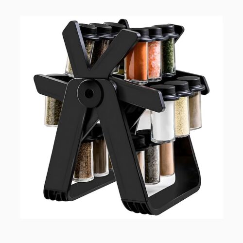 Macvi® forgó fűszerrendező, ABS tartó, 18 üvegedény, elegáns design, helytakarékos, fekete színű 145575004