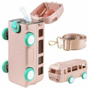 Macvi® Gyermek vizes palack játékbusz dizájnnal, 500 ml, BPA-mentes, kiömlésmentes, szivárgásmentes, nyitható gomb, hordozószíjjal, rózsaszín, rózsaszín