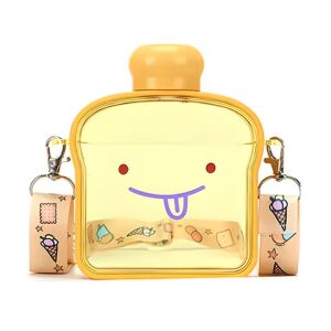 Macvi® gyermek vizes palack, pirítós alakú, 380 ml, BPA-mentes, kiömlésmentes, szivárgásmentes, vízzáró fedéllel, állítható hordozószíjjal, könnyen tisztítható, sárga színű