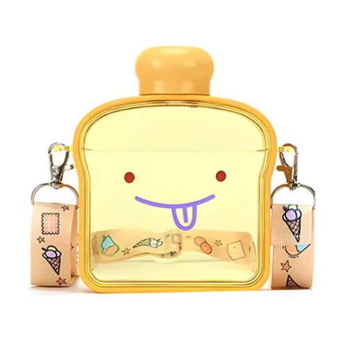 Macvi® gyermek vizes palack, pirítós alakú, 380 ml, BPA-mentes, kiömlésmentes, szivárgásmentes, vízzáró fedéllel, állítható hordozószíjjal, könnyen tisztítható, sárga színű 145575015