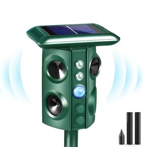 Macvi® ultrahangos ragadozó elleni, 360°-os, vadállatok elleni, napelemes/USB töltés, PIR érzékelők, LED stroboszkóp, vízálló, zöld, kettős