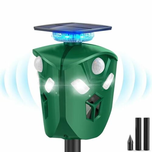 Macvi® tripla ultrahangos vadállatok elleni, 360°, vadállatok elleni, napelemes/USB töltés, 3 PIR érzékelő, LED stroboszkóp, vízálló, zöld színű 145575053