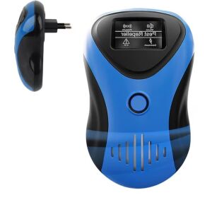 Macvi® elektronikus ultrahangos 4 az 1-ben ultrahangos készülék, rágcsálók, csótányok és rovarok ellen, 100 négyzetméter, digitális kijelző, alacsony frekvencia, kisállat-biztonságos, kék színű.