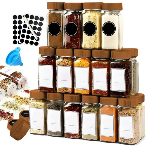 24 darabos Macvi® fűszeres tárolóedény készlet, üveg, bambusz fedéllel, fűszertartóval, ecsettel, szűrővel, címkékkel és jelölővel együtt. 145575101