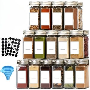 24 darabos Macvi® fűszerrendező tartály készlet, üveg, alumínium fedéllel, fűszertartóval, ecsettel, szűrővel, címkékkel és jelölővel együtt.