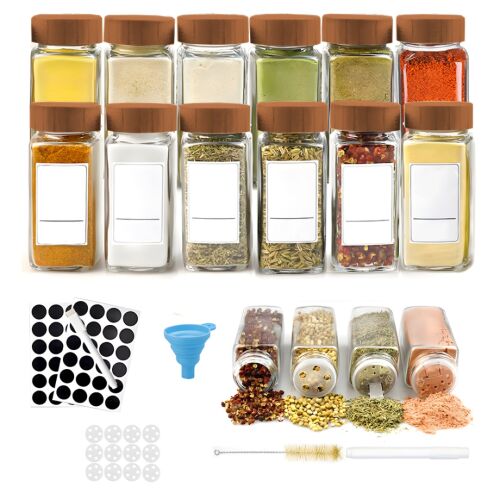 12 darabos Macvi® fűszeres tárolóedény készlet, üveg, akácfa fedéllel, fűszeres üveggel, ecsettel, szűrővel, címkékkel és filccel együtt. 145575111