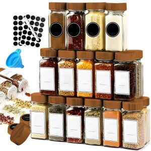 24 darabos Macvi® fűszeres tárolóedény készlet, üveg, akácfa fedéllel, fűszeres üveggel, ecsettel, szűrővel, címkékkel és filccel együtt.