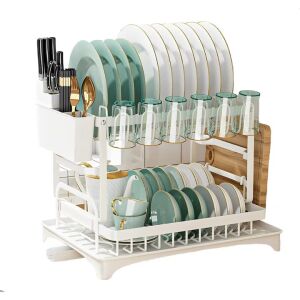 Macvi® fedélzeti edényszárító, 2 szintes, evőeszköz- és pohártartó, csepegtető tálca, erős fém, 42x30x29 cm, fehér színű 145575130 - Edényszárító