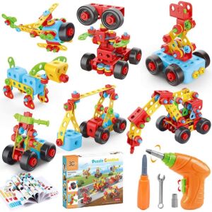 Oktató és interaktív játék Macvi® építőipari készlet 404 darab 3D STEM puzzle elektromos csavarhúzóval, több színben, 6+ éves korú gyermekek számára