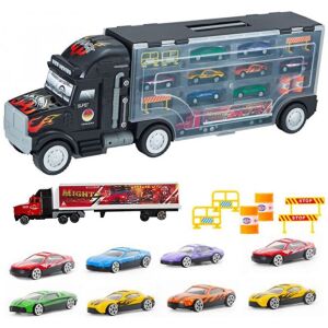 Macvi® Transporter Macvi® Autó készlet, teherautó alakú doboz, 57 cm, fogantyúval és átlátszó panellel, 8 fém autót és 2 teherautót tartalmaz, több színű