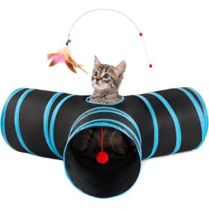 Macvi® összecsukható macska alagút, 3 ló, csengővel, ellenálló poliészter, hordozható, 28x28x5 cm, kék