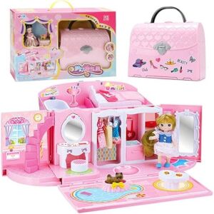 Macvi® hordozható, kompakt, könnyen szállítható, átalakítható babaház különböző kiegészítőkkel, fantáziadús játékhoz és a gyermekek képességeinek fejlesztéséhez.