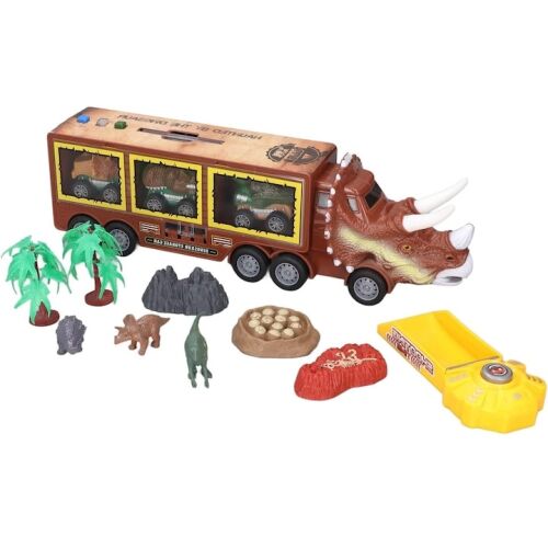 Macvi® Interaktív dinoszaurusz teherautó fényekkel és hangokkal, 3 levehető járművel, indító rámpával és őskori kiegészítőkkel, oktatójáték 3+ gyerekeknek 145575505