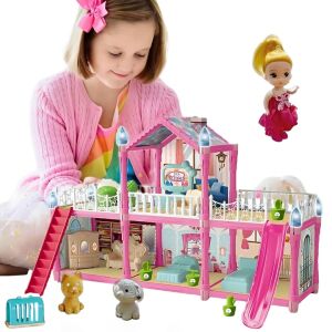 Macvi® 179 darabos babaház, 2 emelet, 6 szoba, terasz és lépcső, bútorokkal és kiegészítőkkel, kutyával és babával, rózsaszín, 556-73-as modell, játék 3+ éves korú gyermekeknek.