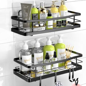 2 db Macvi® zuhanypolc készlet, rozsdamentes szénacél, ragasztós rögzítés fúrás nélkül, modern design a fürdőszobai rendszerezéshez, 30,5x13 cm, fekete színű