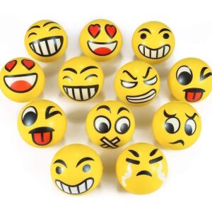 12 darabos Macvi® puha stresszoldó játékkészlet hangulatjelekkel, a szorongás csökkentésére, relaxációra és koncentrációra, sárga színű, gyerekeknek és felnőtteknek.