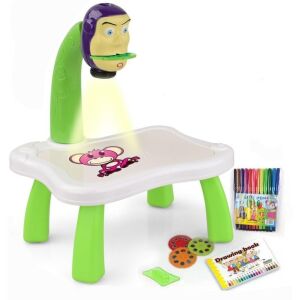 Macvi® oktatójáték vetítőtáblával, hologrammal, 3 koronggal, 24 homokkal, 12 homokkal, 12 cariocas, Toy Story rajzasztal, zöld színű