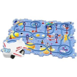 Macvi® oktató puzzle készlet autó és repülőgép pályával, 25 darab, kék űrmodell, 47x38 cm, interaktív játék 3+ éves korú gyermekeknek.