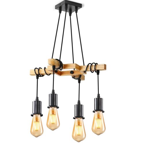 MACVI vintage lógó csillár, természetes fa és matt fekete fém, 4 állítható karral, 115x41, 5cm