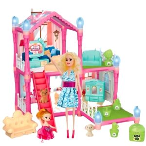 Fényhatású babaház, MACVI, 105 darab, 2 babát tartalmaz, világos rózsaszín, világos pink