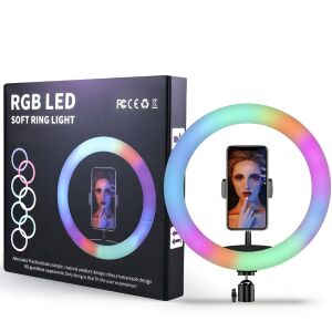 Macvi® 56 cm-es RGB LED-es körlámpa, 20 fénymóddal, telefontartóval, USB töltőkábellel és vezetékes távirányítóval, melyhez dimmelhető intenzitásszabályozó tartozik.