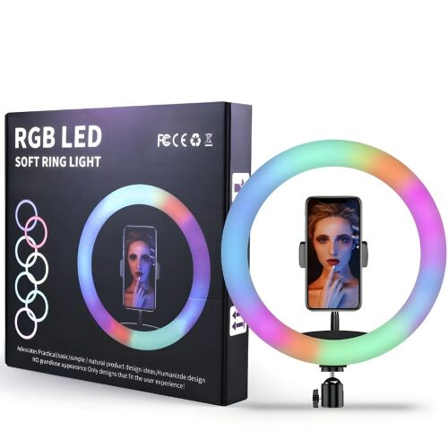 Macvi® 56 cm-es RGB LED-es körlámpa, 20 fénymóddal, telefontartóval, USB töltőkábellel és vezetékes távirányítóval, melyhez dimmelhető intenzitásszabályozó tartozik. 145575794