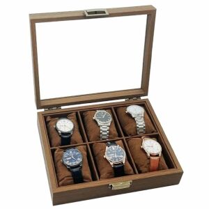 Elegáns fa tároló és rendszerező doboz 6 órához, Pufo Noble modell, barna 145651711 - Óraforgató & óratartó doboz