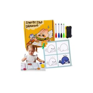 Set 30 planse cu activitati de desen "Step by Step Drawing", 2 fete, reutilizabile, 3 carioci lavabile, burete inclus 145673037 - Table de scris si desenat