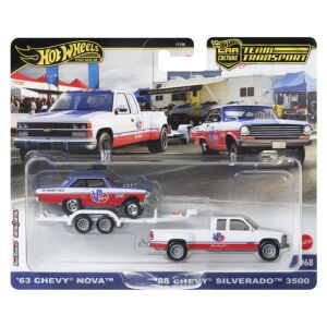Transporter Hot Wheels kisautóval, 63-as Chevy Novával és 88-as Chevy Silverado 3500-zal