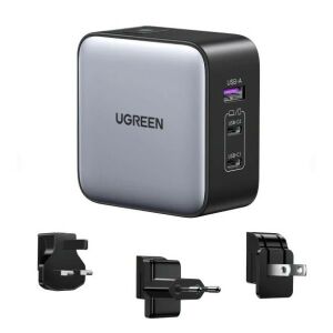 UGREEN Univerzális Nexode nemzetközi hálózati töltő, Travel adapter, 65W, GaN, 1x USB-A, 2x USB-C, US/UK/EU, szürke 145707799 - Hálózati adapter