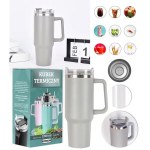 Termos din Oțel Inoxidabil Gri XXL cu Pai și Mâner, Capacitate 1200 ml 145714596 - Transportatori de alimente și băuturi