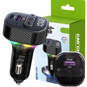 Transmițător FM Bluetooth 5.3 cu Încărcare Rapidă USB-C și USB-A 30W, Iluminare LED, QC 3.0, Negru 145716249 - Electronica auto