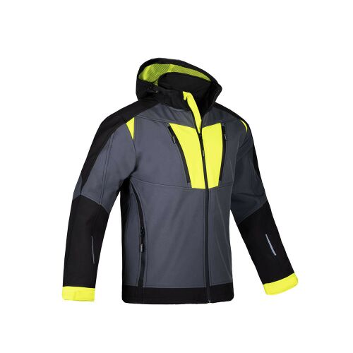 Procera Navigator kapucnis softshell kabát, elölnézet, szürke és fekete, szél- és vízálló - Munkakabát