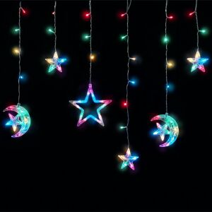 Entac Karácsonyi Függöny IP44 Színes 135 LED 12db Dísz Csillag és Hold 8F + időzítő 3x0,7m IR távirányítóval (ECCL-135MC-SM) 145749790 - Entac