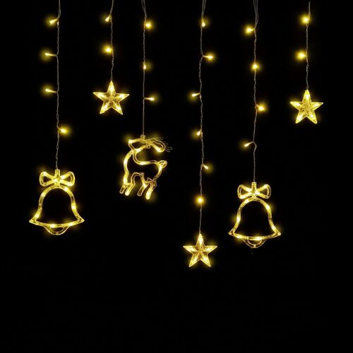 Entac Karácsonyi Függöny IP44 WW 135 LED 12db Dísz Csengő és Rénszarvas 8F + időzítő 3x0,7m IR távirányítóval (ECCL-135WW-BD) 145749792