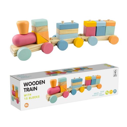 Trenuleț de construcție din lemn colorat, format din 15 piese, de la 18 luni